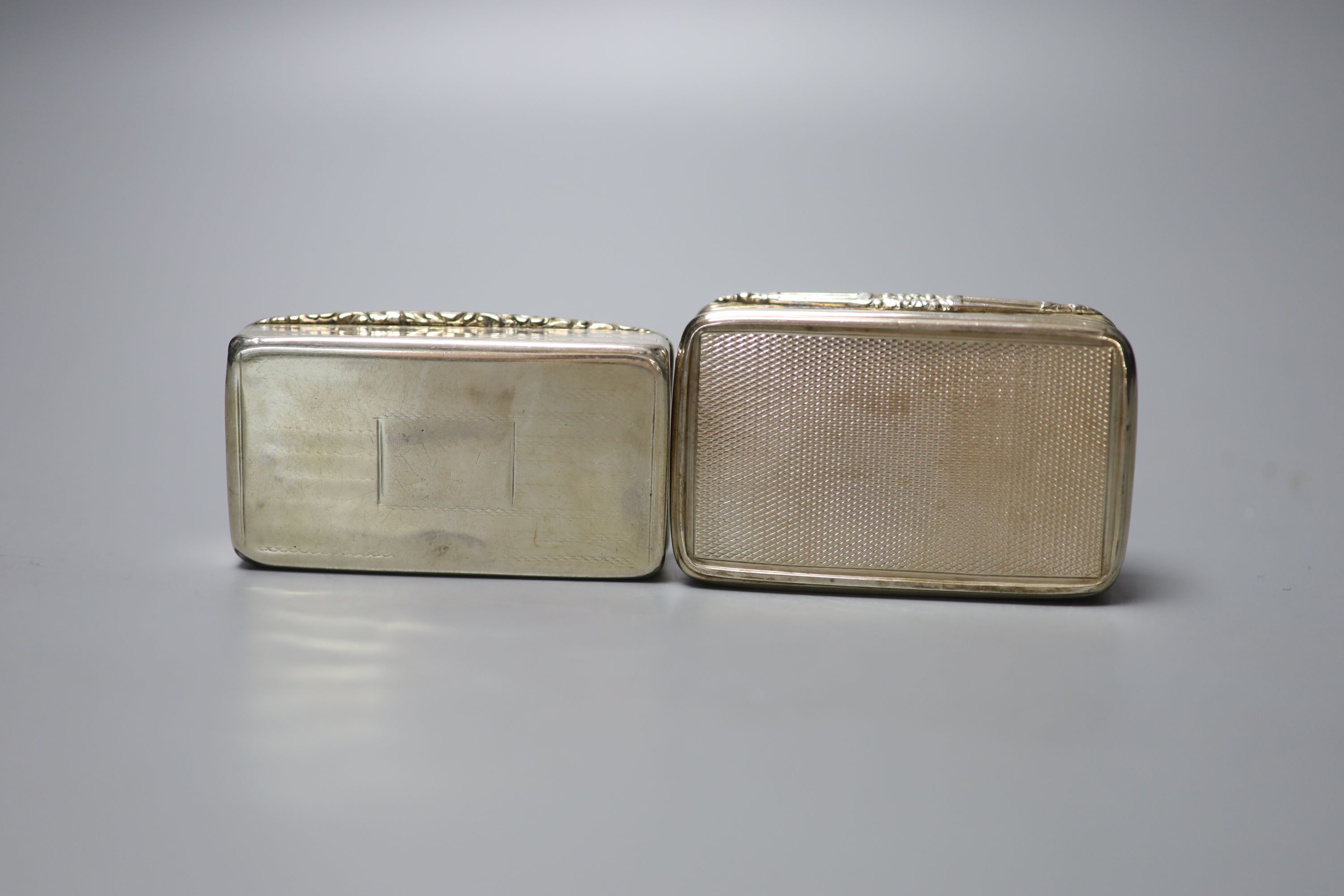 A William IV engine turned silver snuff box, Joseph Wilmore, Birmingham, 1836, 72mm and one other silver snuff box.